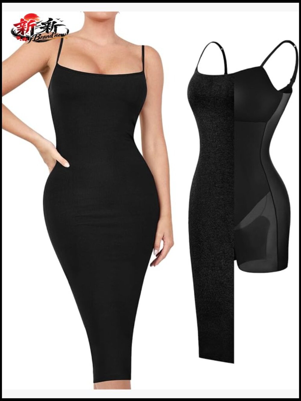 Women's Bodycon Midi Dress w/ Built-in Shapewear Bra - Sleeveless V-Neck Club &